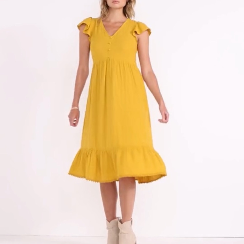Time & Tru Yellow Muslin Dress Women L 22-14 Midi Ruffle Hem Boho V Neck cotton